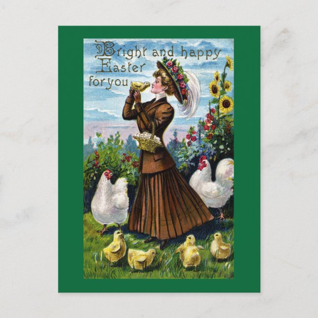 Lady and Chickens Vintage Easter Holiday Postcard (Front)