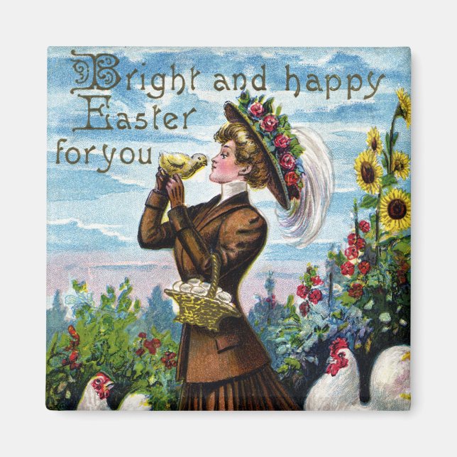 Lady and Chickens Vintage Easter Magnet (Front)