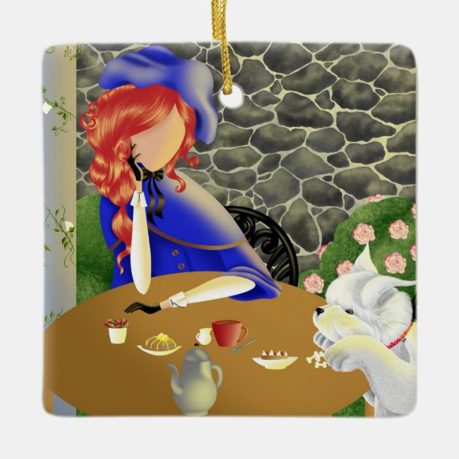 Lady and Dog at Sunset Ceramic Ornament (Front)