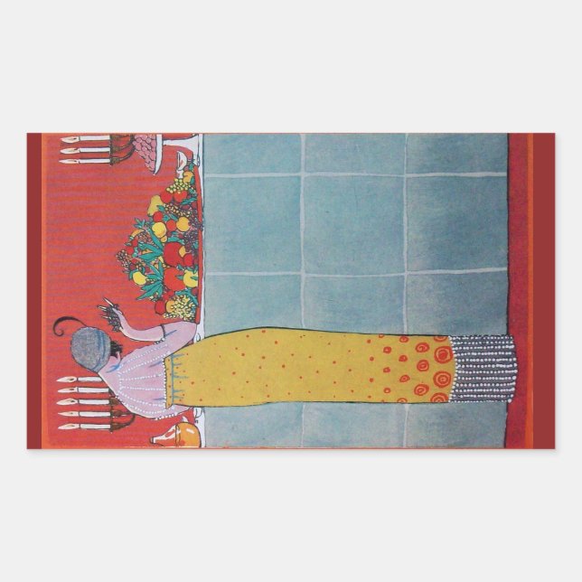 LADY AND FRUITS TABLE SET ART DECO BEAUTY FASHION RECTANGULAR STICKER (Front)