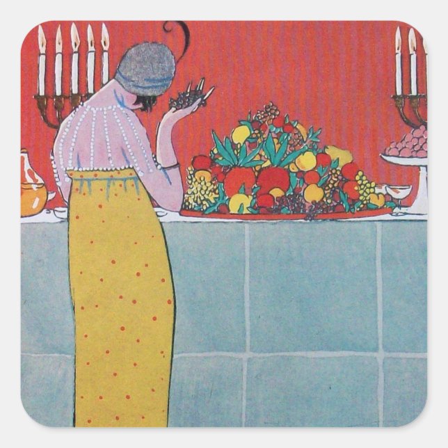 LADY AND FRUITS TABLE SET ART DECO BEAUTY FASHION SQUARE STICKER (Front)