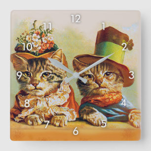 Lady and Gentleman, Cats, Unknown artist Square Wall Clock