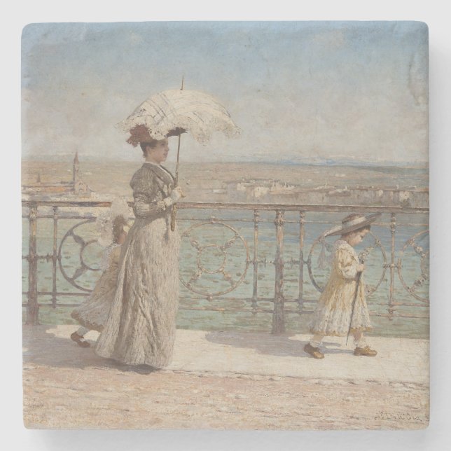 Lady and Girls Strolling on an Italian Bridge Stone Coaster (Front)