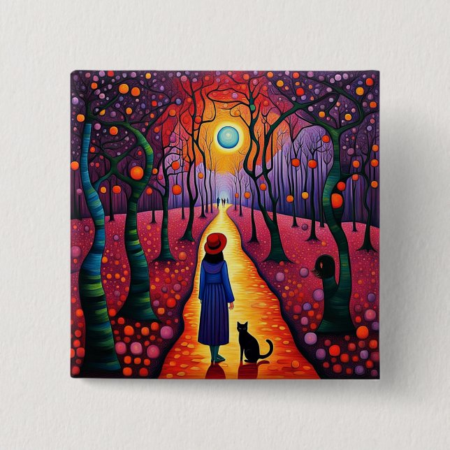 Lady and her cat in Plum Grove 15 Cm Square Badge (Front)