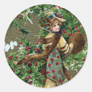 Lady and Holly Berries Vintage Christmas Classic Round Sticker