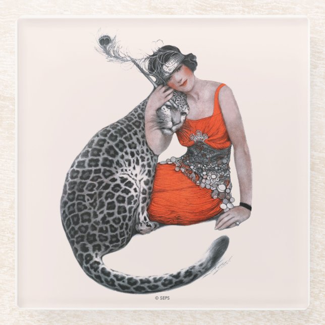 Lady and Leopard Glass Coaster (Front)
