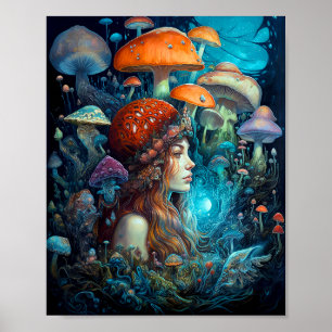 Lady And Mushrooms Surreal Fantasy Art Poster