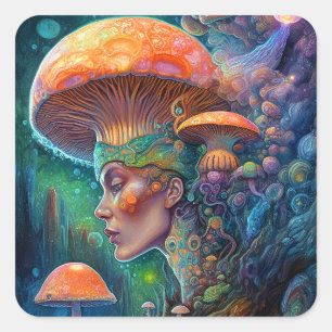 Lady And Mushrooms Surreal Fantasy Art Square Sticker