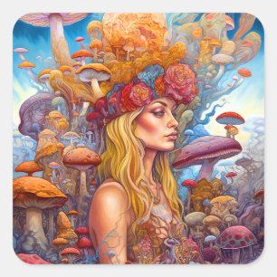 Lady And Mushrooms Surreal Fantasy Art Square Sticker