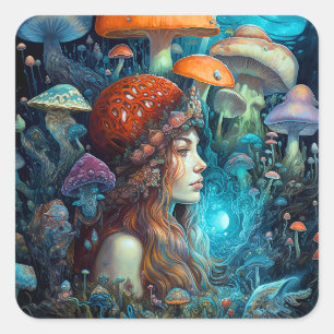 Lady And Mushrooms Surreal Fantasy Art Square Sticker