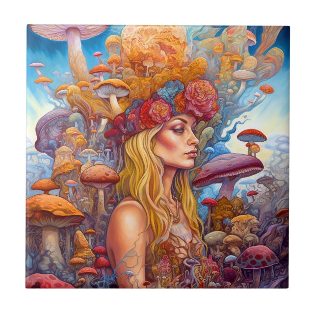 Lady And Mushrooms Surreal Fantasy Art Tile (Front)