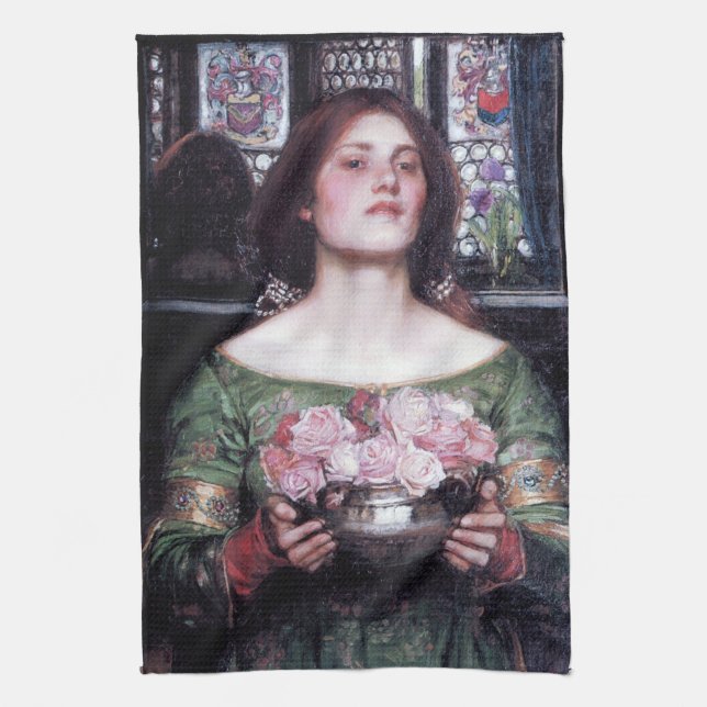 Lady and Roses, John William Waterhouse Tea Towel (Vertical)