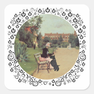 Lady and Scottie in the Park Square Sticker