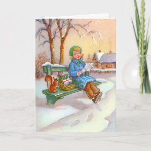 Lady and squirrel holiday card