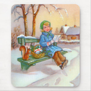 Lady and squirrel vintage art mouse mat
