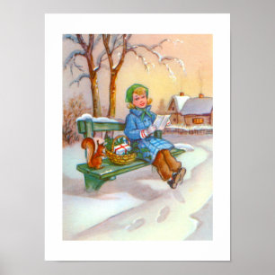 Lady and squirrel vintage art poster