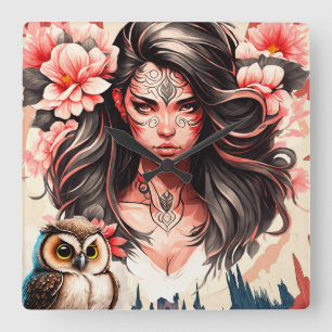 Lady and the Owl Square Wall Clock