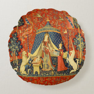 Lady and The Unicorn Mediaeval Tapestry: French Ar Round Cushion
