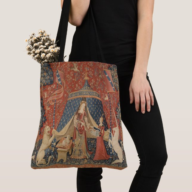 Lady And The Unicorn Middle Ages Vintage Tapestry Tote Bag (Close Up)
