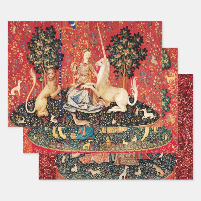 LADY AND UNICORN Lion,Flowers,Animals Mediaeval  Wrapping Paper Sheet (Set)