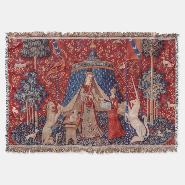 Lady and Unicorn Mediaeval Tapestry Desire Throw Blanket (Front)