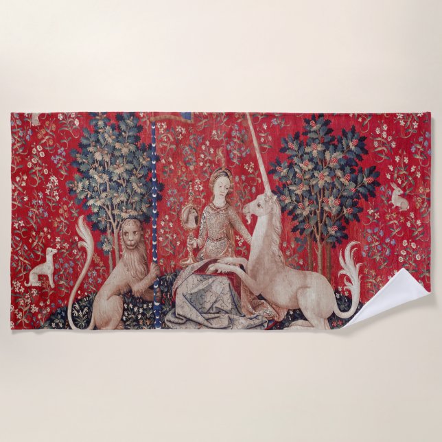 Lady and Unicorn Mediaeval Tapestry Sight Beach Towel (Front)