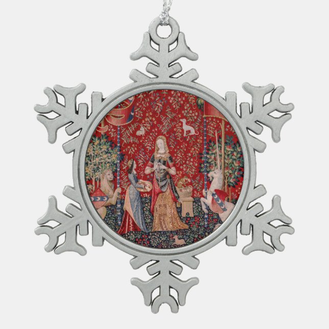 Lady and Unicorn Mediaeval Tapestry Smell Snowflake Pewter Christmas Ornament (Front)