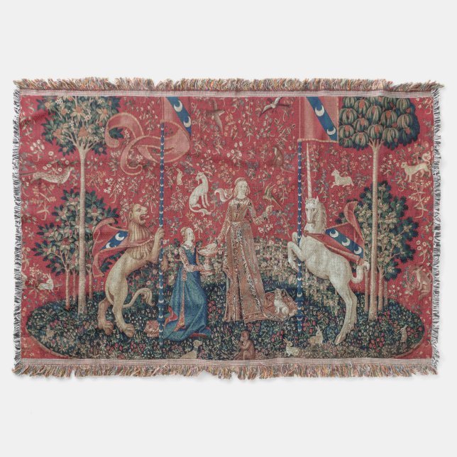 Lady and Unicorn Mediaeval Tapestry Taste Throw Blanket (Front)
