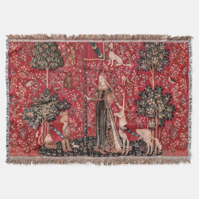Lady and Unicorn Mediaeval Tapestry Touch Throw Blanket (Front)