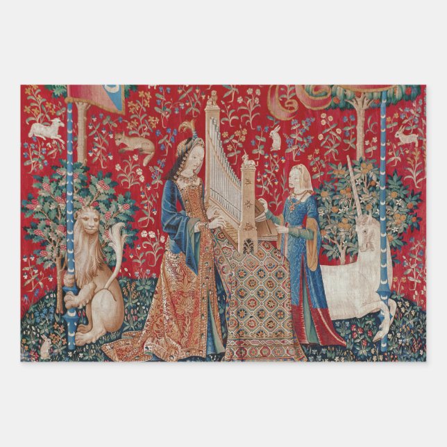 Lady and Unicorn Medieval Tapestry Hearing Wrapping Paper Sheet (Front)