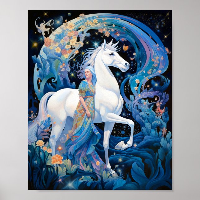 Lady and White Horse Fantasy Art Poster (Front)