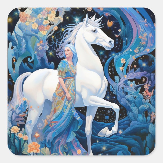 Lady and White Horse Fantasy Art Square Sticker (Front)