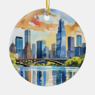 Lady Bird Lake Austin Texas Watercolor Ceramic Tree Decoration