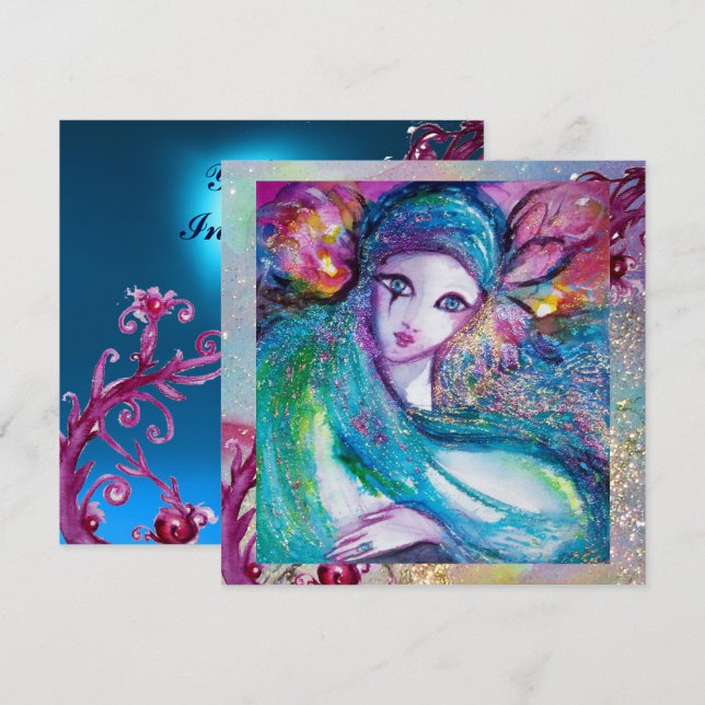 LADY BLUE MASK Elegant Masquerade Party,Sapphire Invitation (Front/Back)