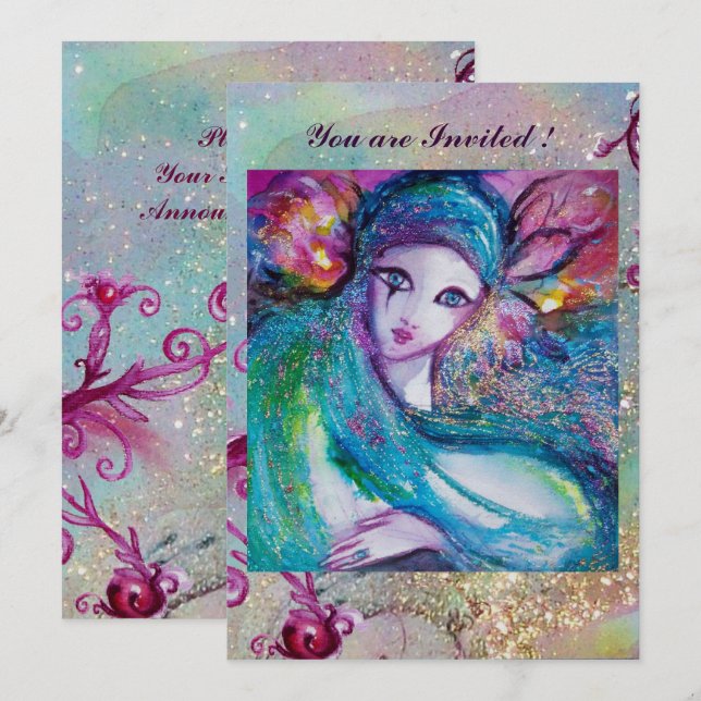 LADY BLUE MASK Elegant Masquerade Party Teal Pink Invitation (Front/Back)