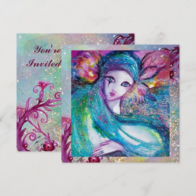 LADY BLUE MASK Masquerade Party Floral Sparkles Invitation (Front/Back)