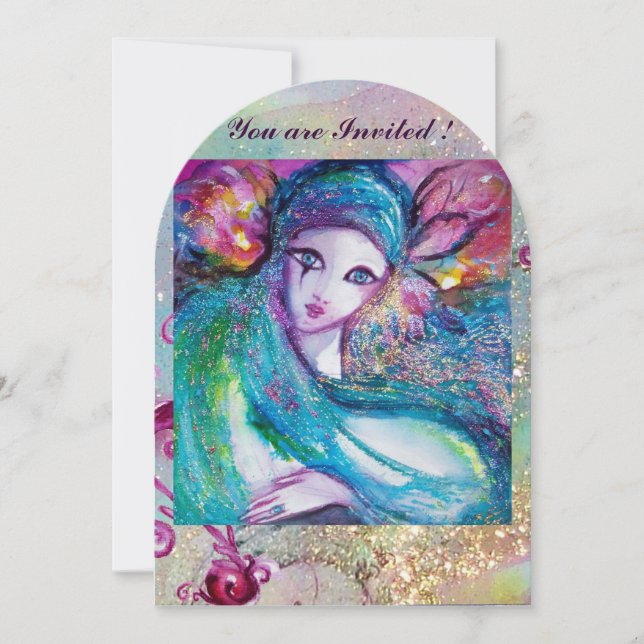 LADY BLUE MASK Masquerade Party Floral Swirls Invitation (Front)