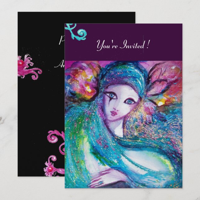 LADY BLUE MASK Masquerade Party,Pink Teal Black Invitation (Front/Back)