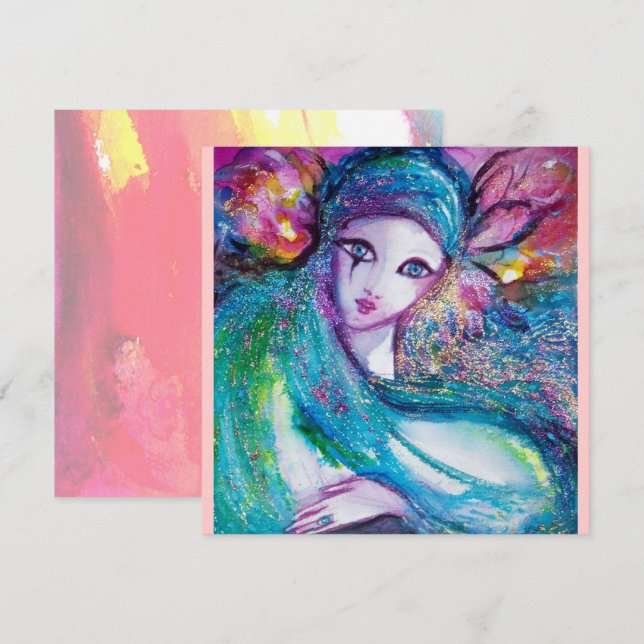 LADY BLUE MASK Masquerade Party Pink Teal Invite (Front/Back)