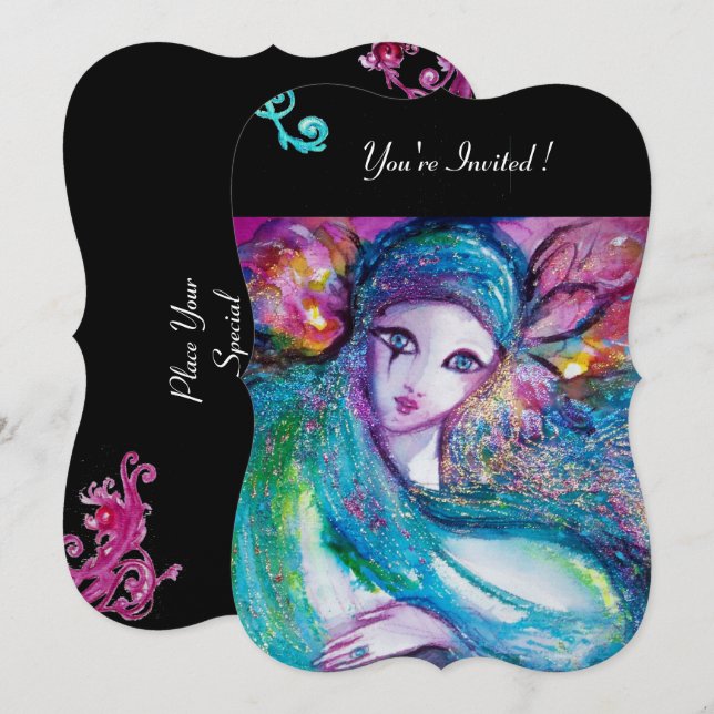 LADY BLUE MASK Masquerade Party,Red Black Floral Invitation (Front/Back)