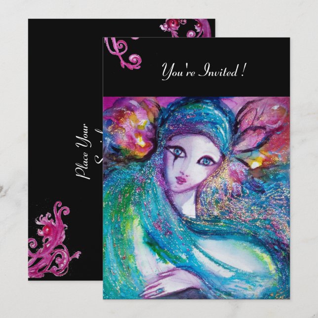 LADY BLUE MASK Masquerade Party Red Swirls Black Invitation (Front/Back)