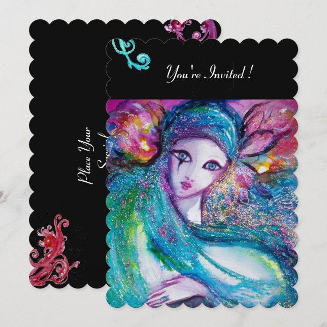 LADY BLUE MASK Masquerade Party,Red Swirls Black Invitation (Front/Back)