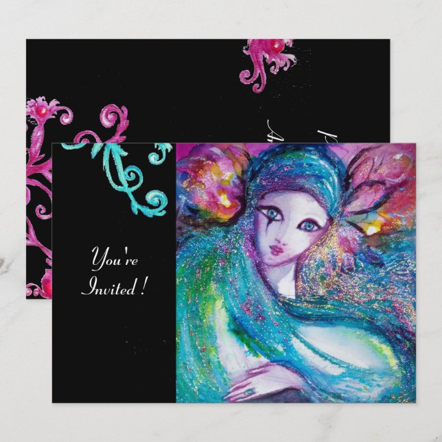 LADY BLUE MASK Masquerade Party,Red Swirls Black Invitation (Front/Back)