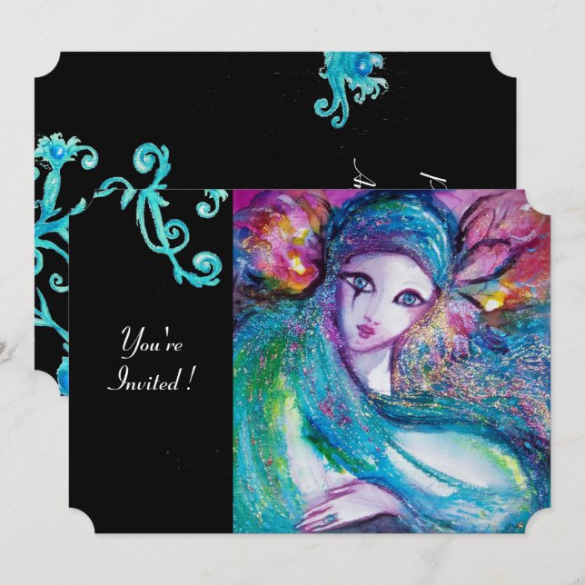 LADY BLUE MASK Masquerade Party,Teal Floral Swirls Invitation (Front/Back)