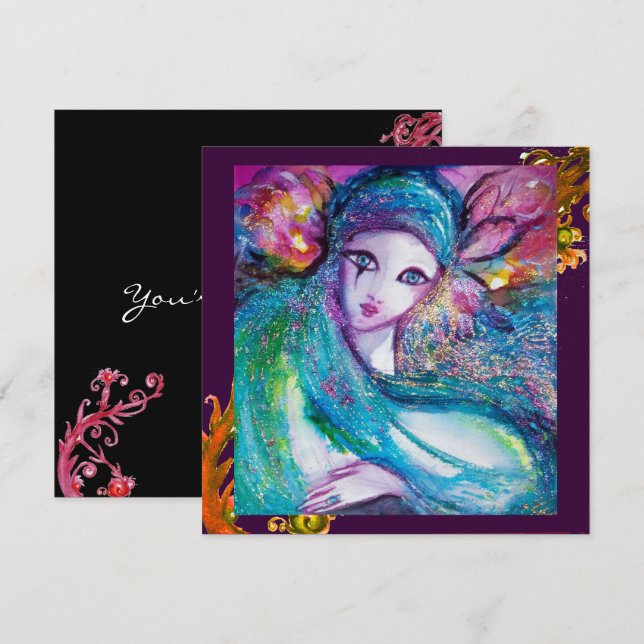 LADY BLUE MASK Red Yellow Swirls Masquerade Party Invitation (Front/Back)