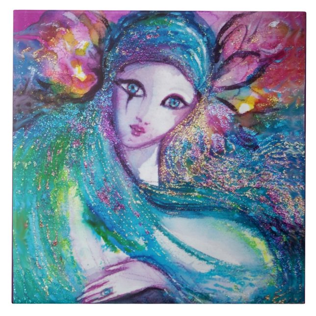 LADY BLUE MASK Venetian Masquerade Ball,teal Tile (Front)