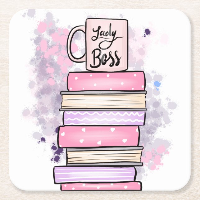 Lady Boss Books and Mug Square Paper Coaster (Front)