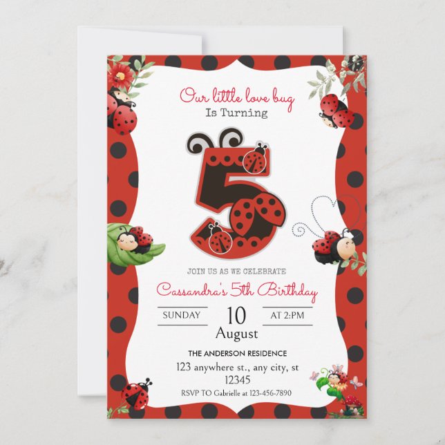  Lady Bug 5th Birthday Party Invitation (Front)