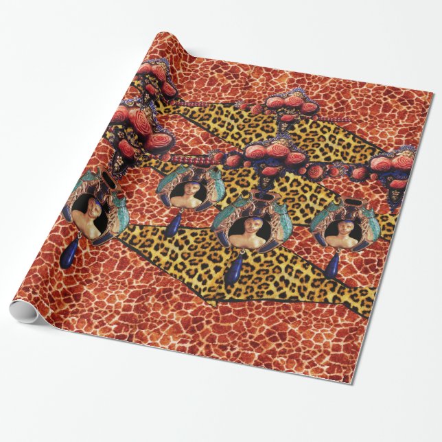 LADY BUG AND CORAL ROSES ON GIRAFFE,LEOPARD FUR WRAPPING PAPER (Unrolled)