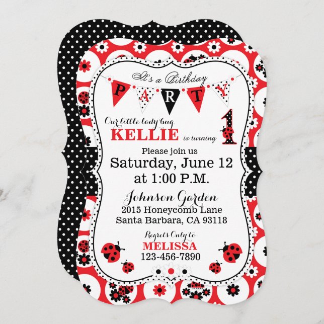Lady Bug and Polka Dots Birthday Invite (Front/Back)